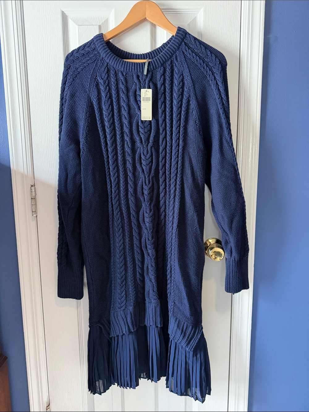 Anthropologie Navy Cable Knit Crewneck Sweater with Pleated Hem